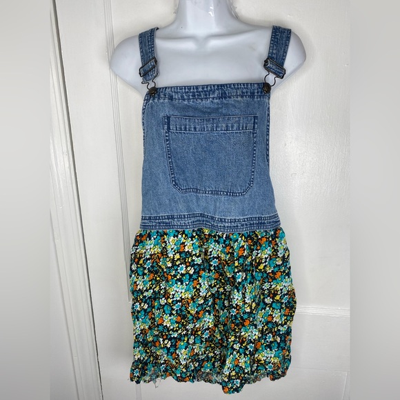 Woolrich Dresses & Skirts - Woolrich Vintage 90s Blue Denim Bib Dress with Teal Floral Skirt Flawed